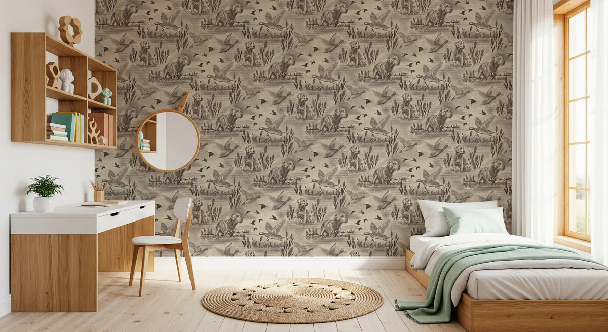 Wildlife toile wallpaper in a cosy bedroom with a single bed and wood desk GD12742