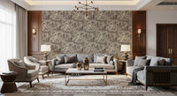 Heritage meadow wallpaper in a classic living room with grey sofas and armchairs GD12742