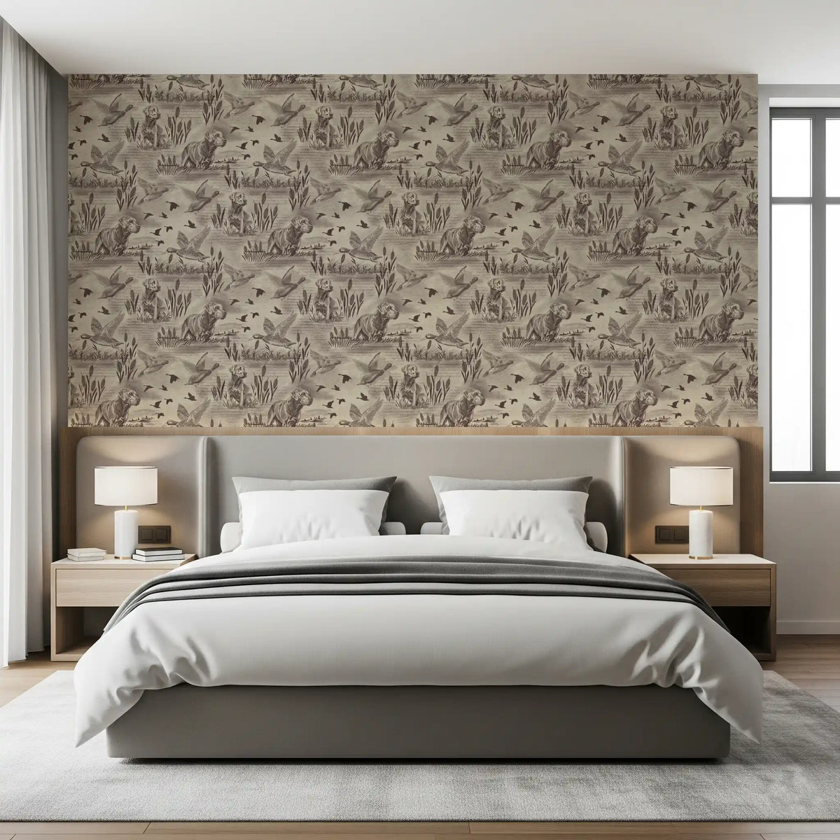 Retriever and reeds toile wallpaper as a soft brown feature wall GD12742
