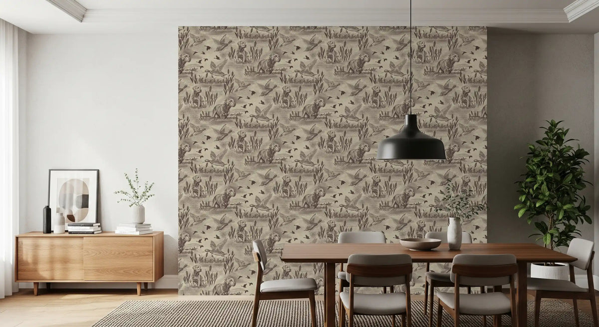 Sepia dog and duck toile wallpaper in a dining room with a wood table and chairs GD12742