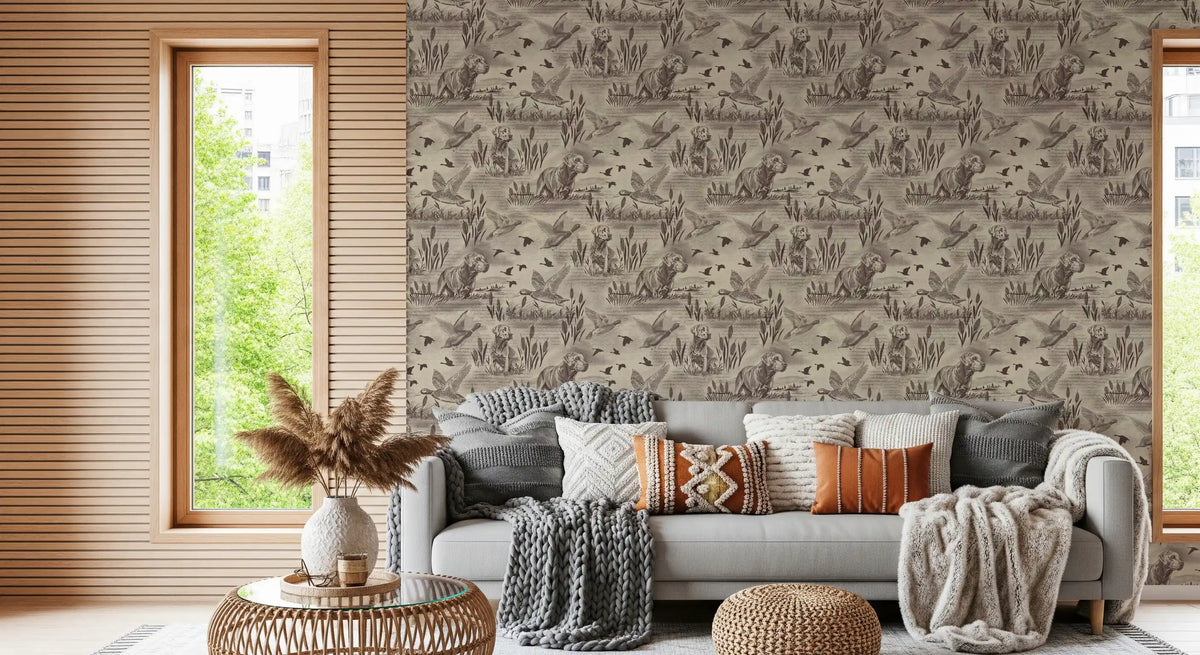 Etched wildlife meadow wallpaper on a warm neutral living room wall GD12742