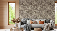 Etched wildlife meadow wallpaper on a warm neutral living room wall GD12742
