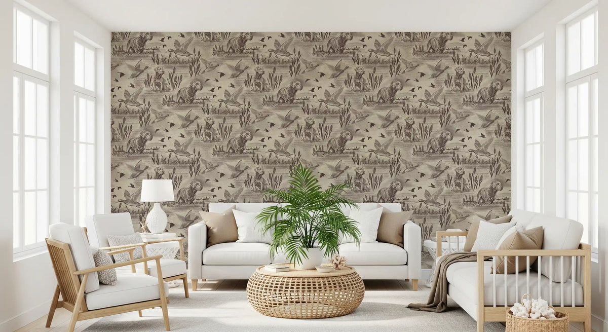 Countryside meadow wallpaper in sepia tones styled with wood decor GD12742