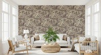 Countryside meadow wallpaper in sepia tones styled with wood decor GD12742