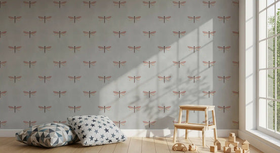 Pink dragonfly wallpaper in a bright child's room with wood toys by the window GD12743
