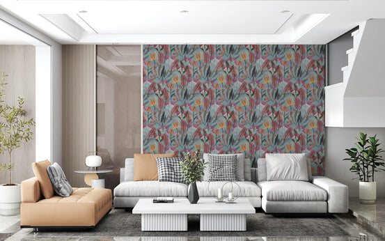 Boho wildflower wallpaper on a living room feature wall behind a grey sofa GD12744