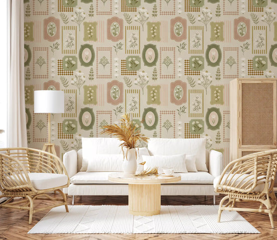Boho geometric collage wallpaper in a living room with rattan chairs and a white sofa GD12745