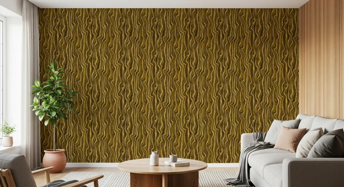 Ochre wood grain wave wallpaper on a living room feature wall behind a grey sofa GD12747