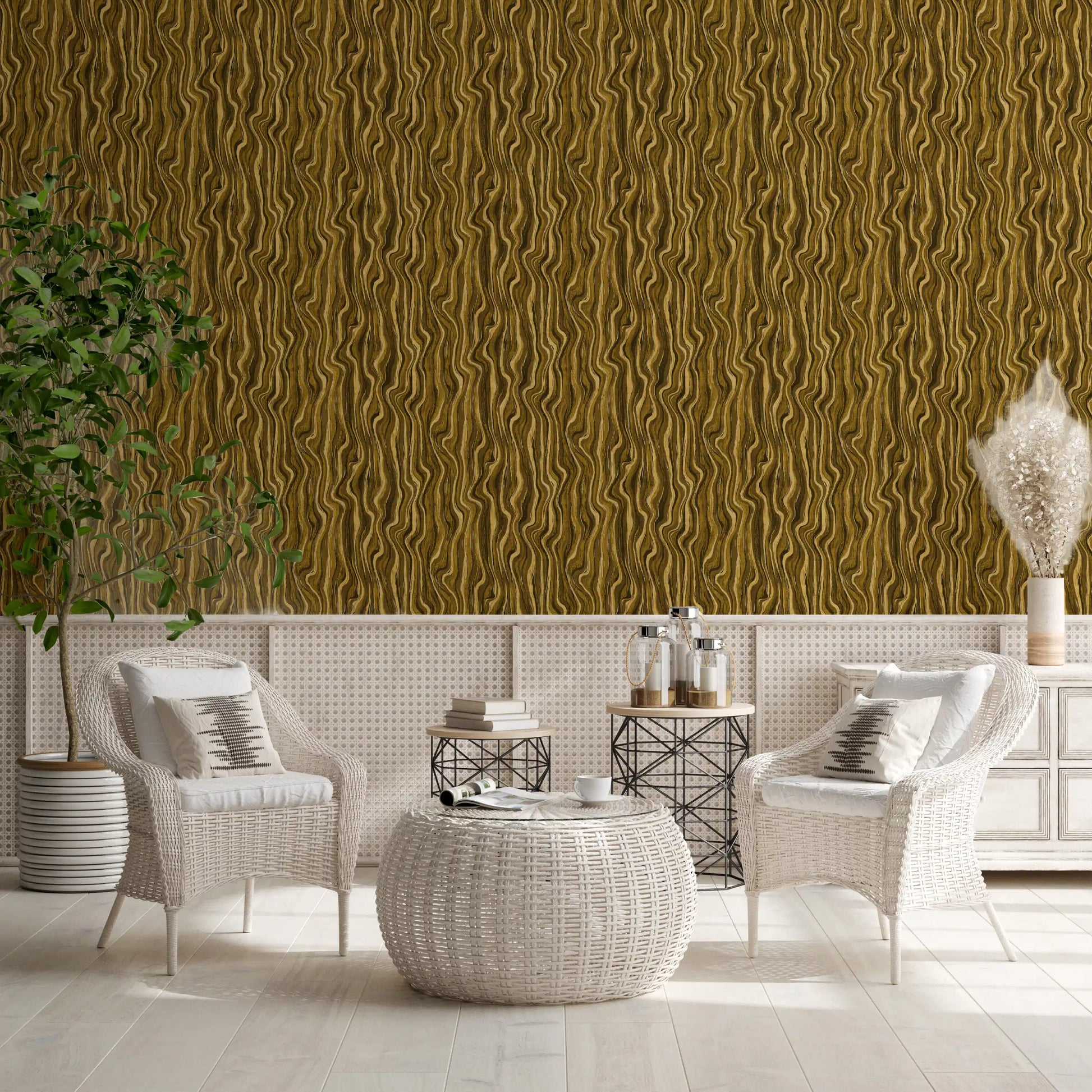Ochre Abstract Wood Grain Waves Wallpaper⁠