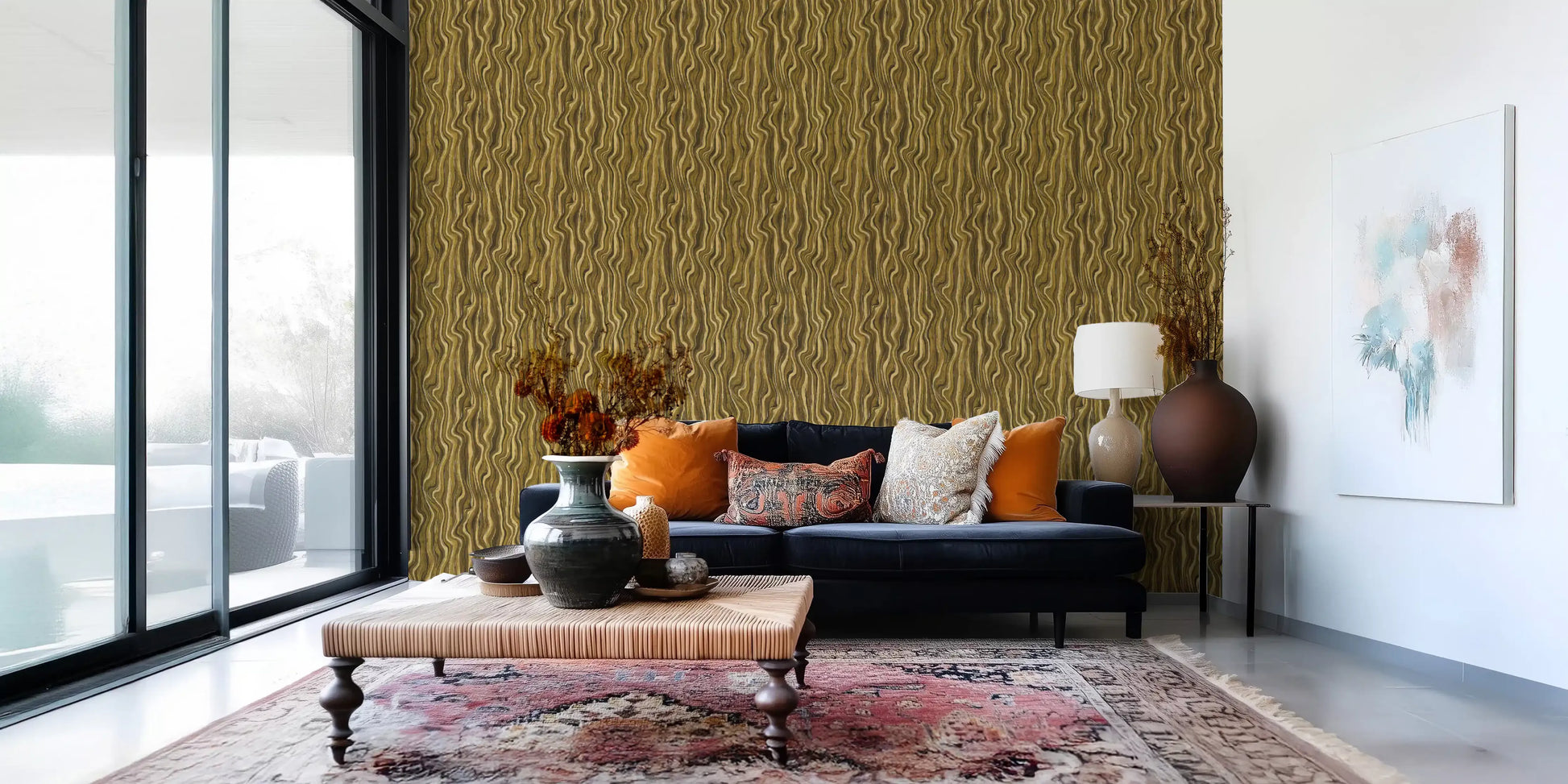 Ochre Abstract Wood Grain Waves Wallpaper⁠