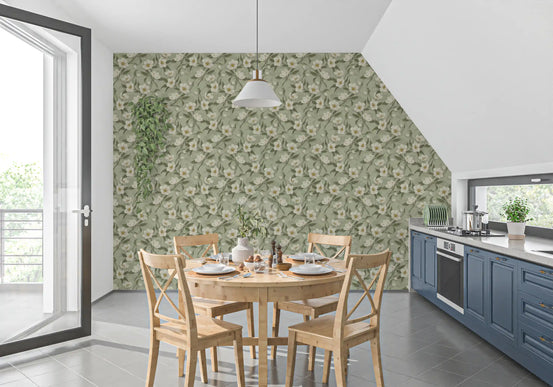 Sage cottage floral wallpaper in a dining nook with a round table and kitchen GD12749