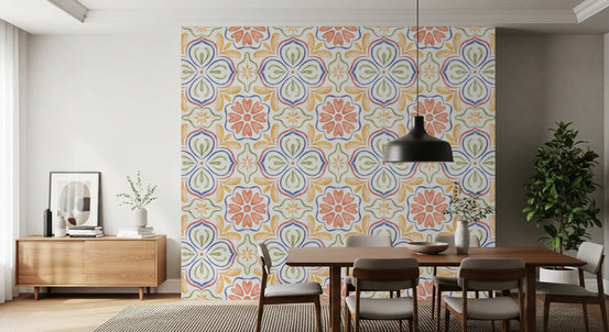 Azulejo tile wallpaper in a dining room with a wood sideboard and table GD12751