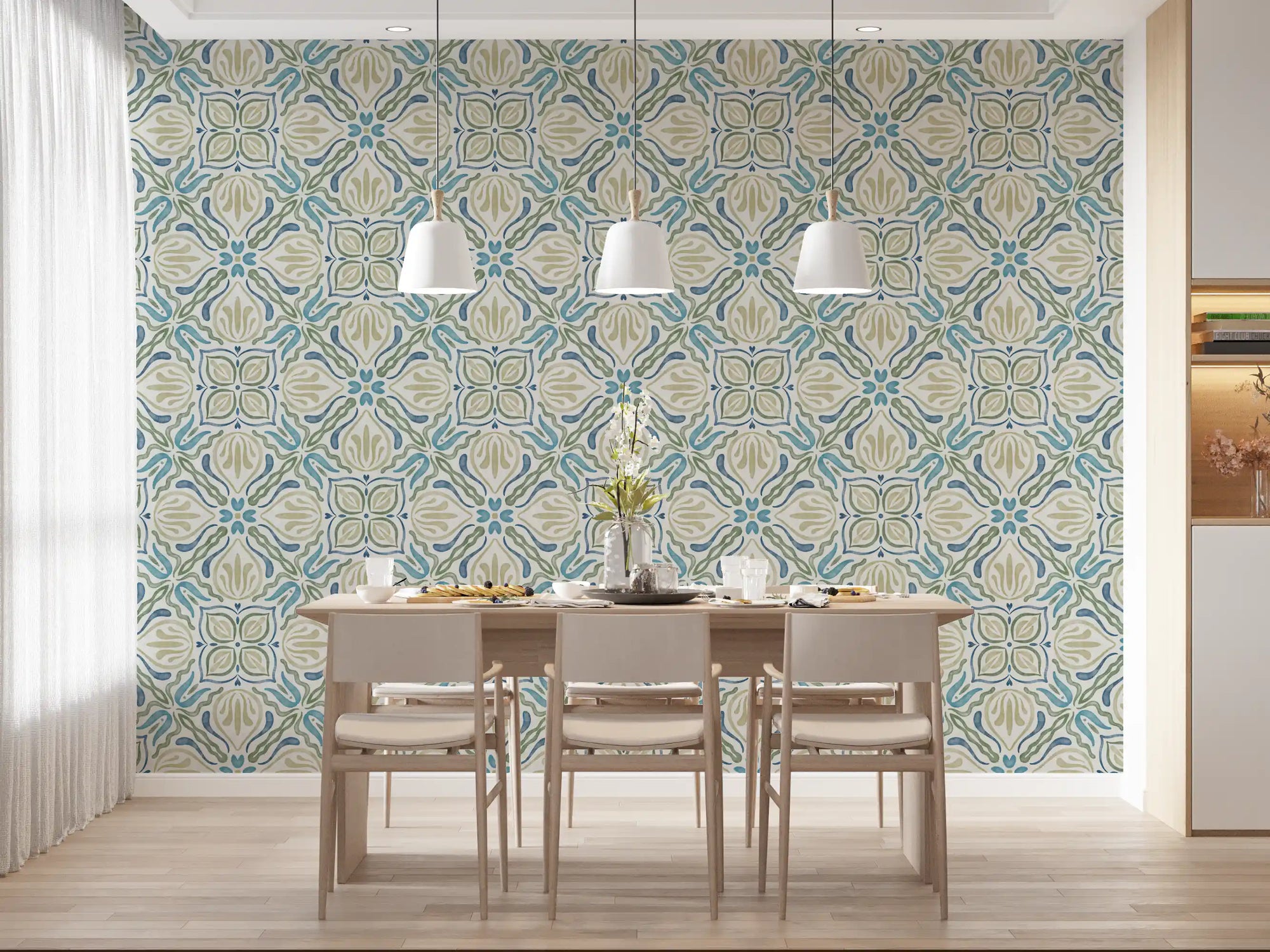 Mediterranean floral tile wallpaper in a bright dining room with pendant lights GD12752