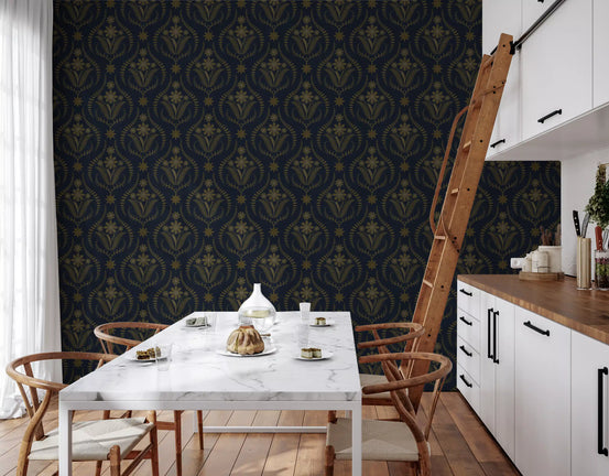 Navy and gold damask wallpaper in a bright dining space beside a kitchen GD12754