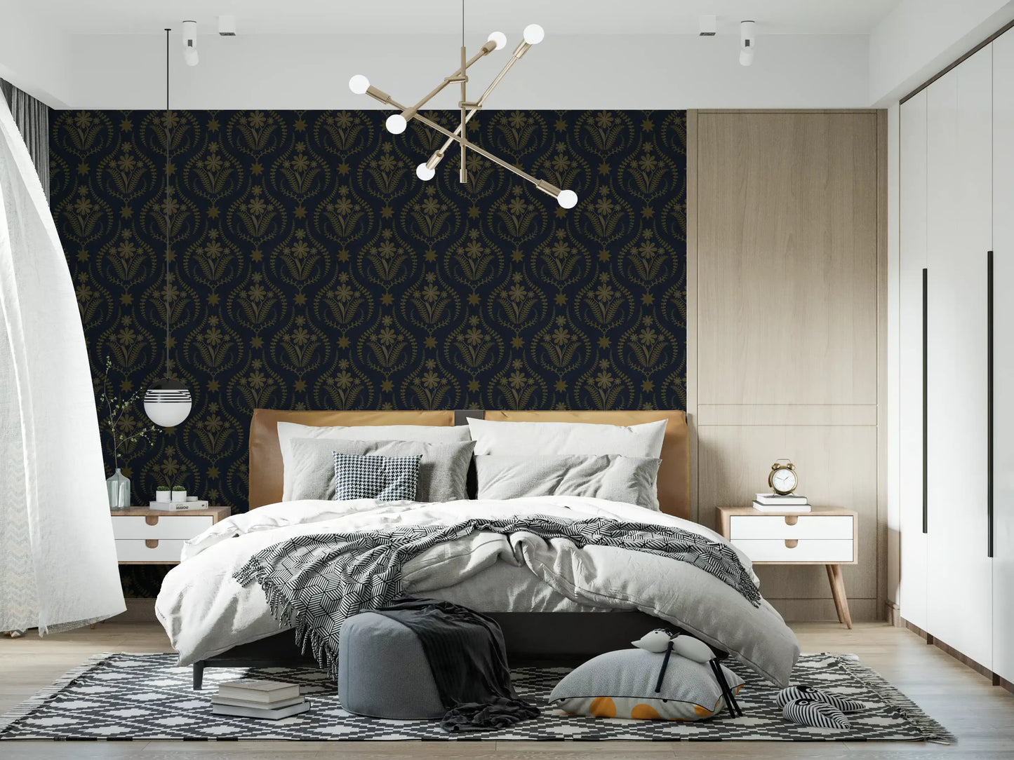 Midnight Floral Damask Pattern Wallpaper⁠