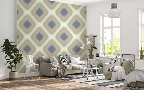 Blue and blush ikat diamond wallpaper in a bright living room GD12756