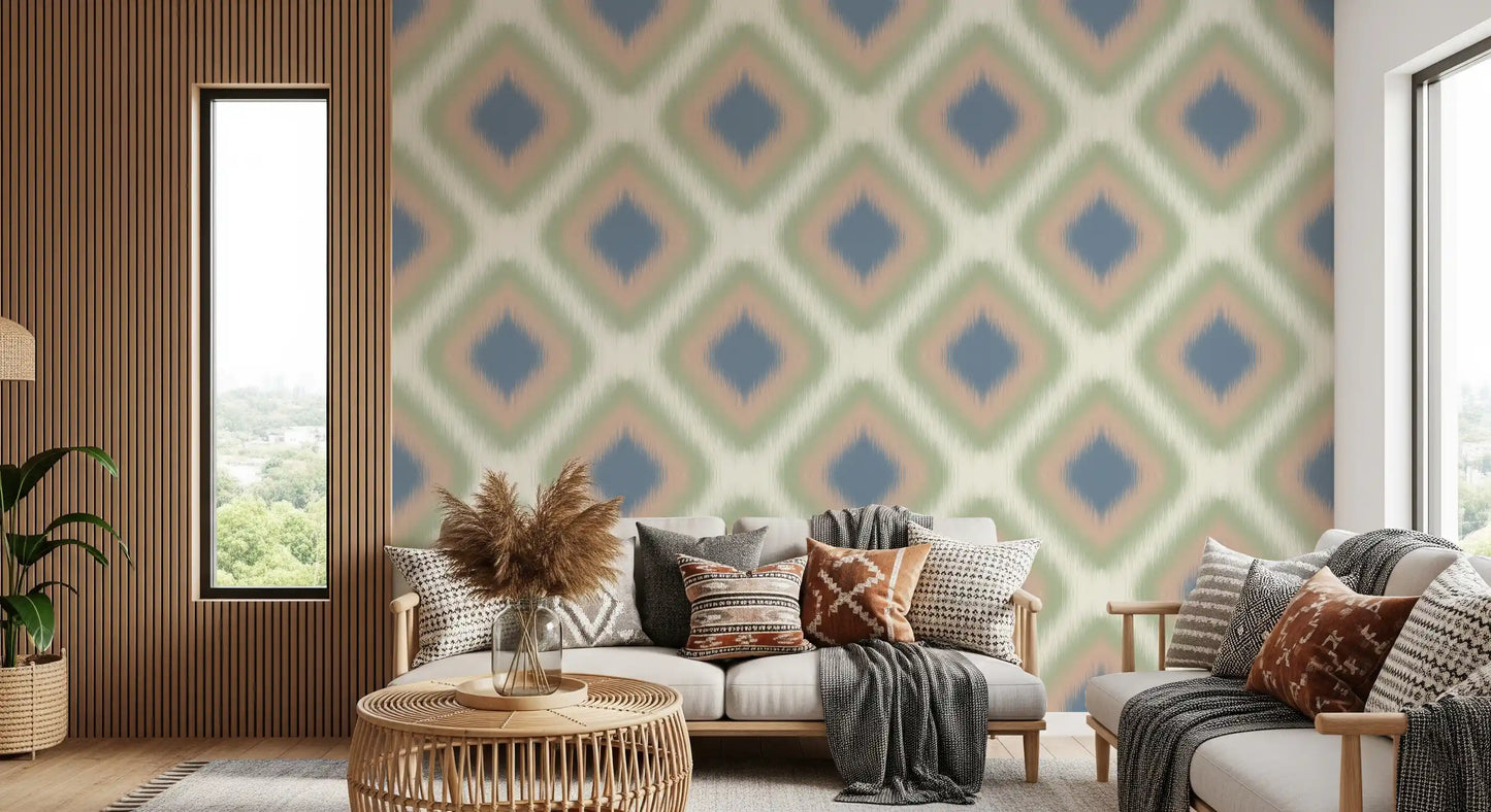 Heritage Ikat - Denim Blue and Blush Pink Grandmillennial Diamonds Wallpaper⁠