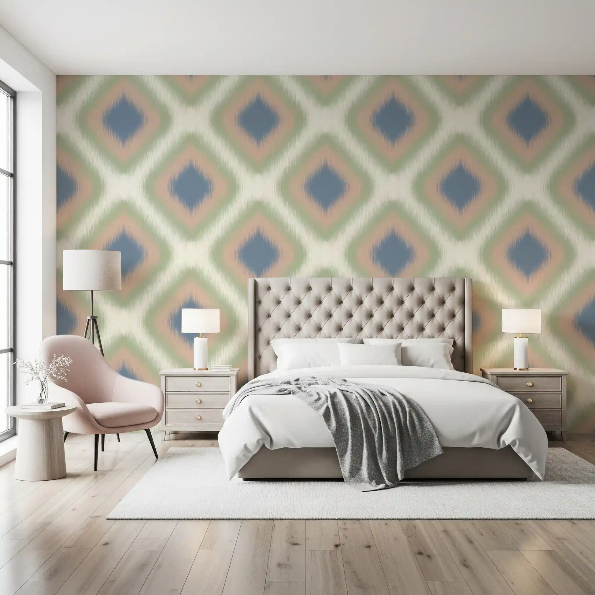 Heritage Ikat - Denim Blue and Blush Pink Grandmillennial Diamonds Wallpaper⁠