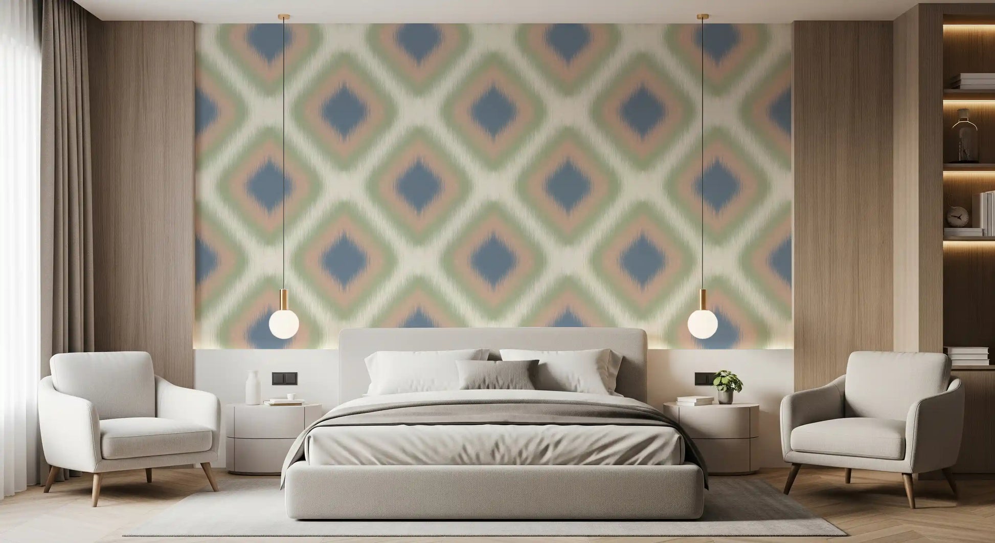 Heritage Ikat - Denim Blue and Blush Pink Grandmillennial Diamonds Wallpaper⁠