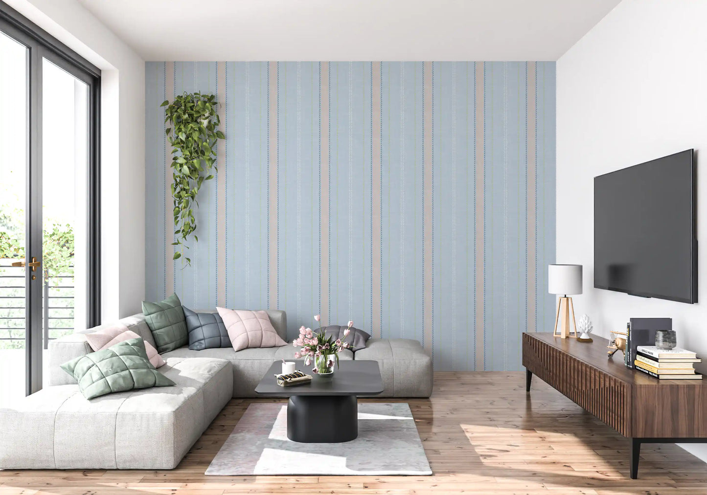 Heritager Ticking Stripes - Vintage French Blue & Blush Pink Linen Texture Wallpaper⁠