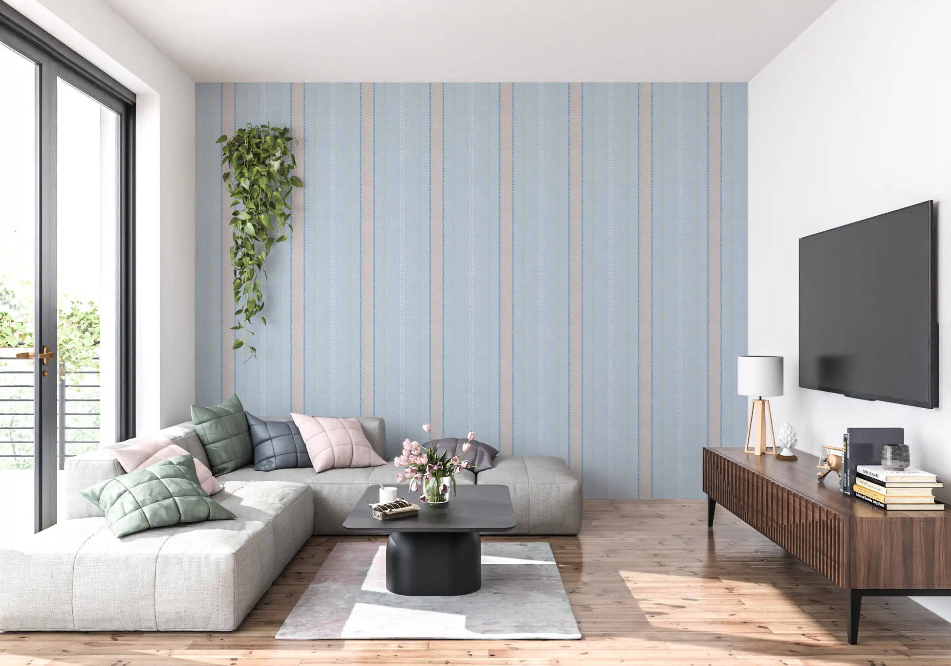 Heritager Ticking Stripes - Vintage French Blue & Blush Pink Linen Texture Wallpaper⁠