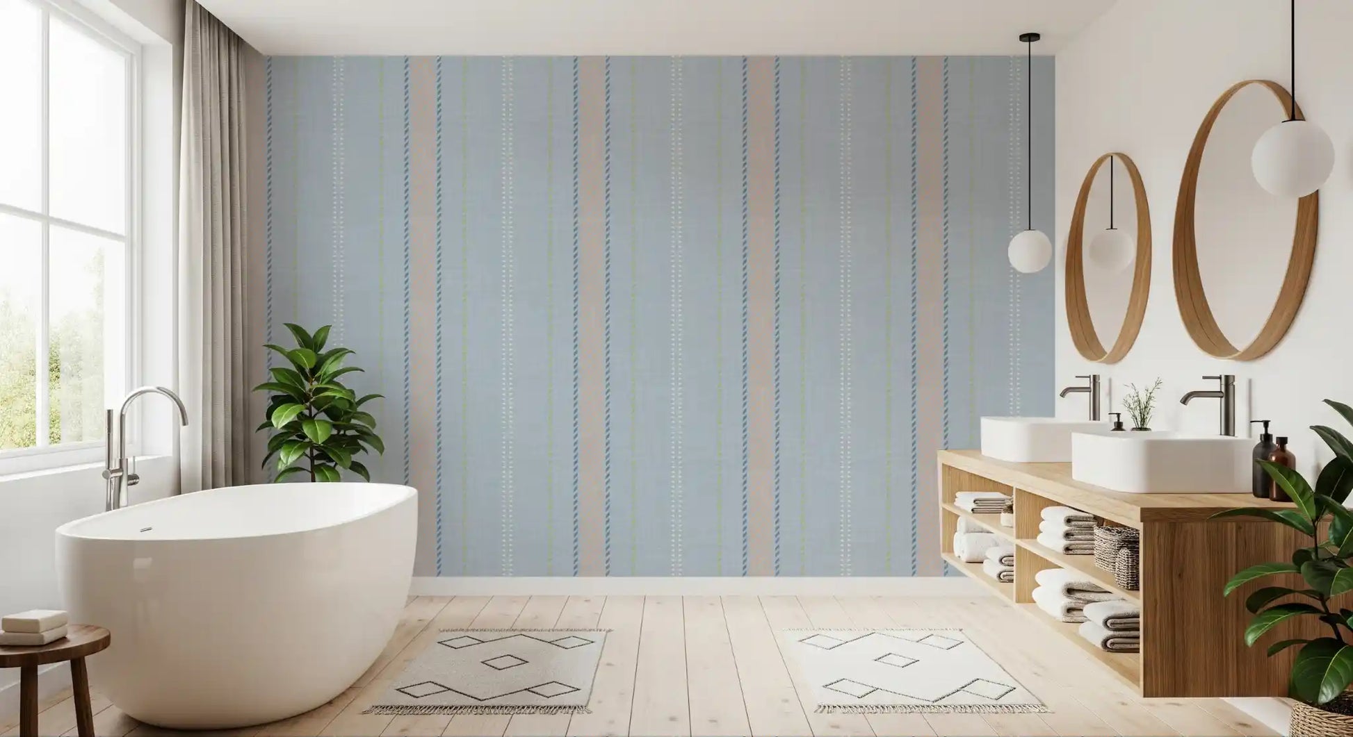 Heritager Ticking Stripes - Vintage French Blue & Blush Pink Linen Texture Wallpaper⁠