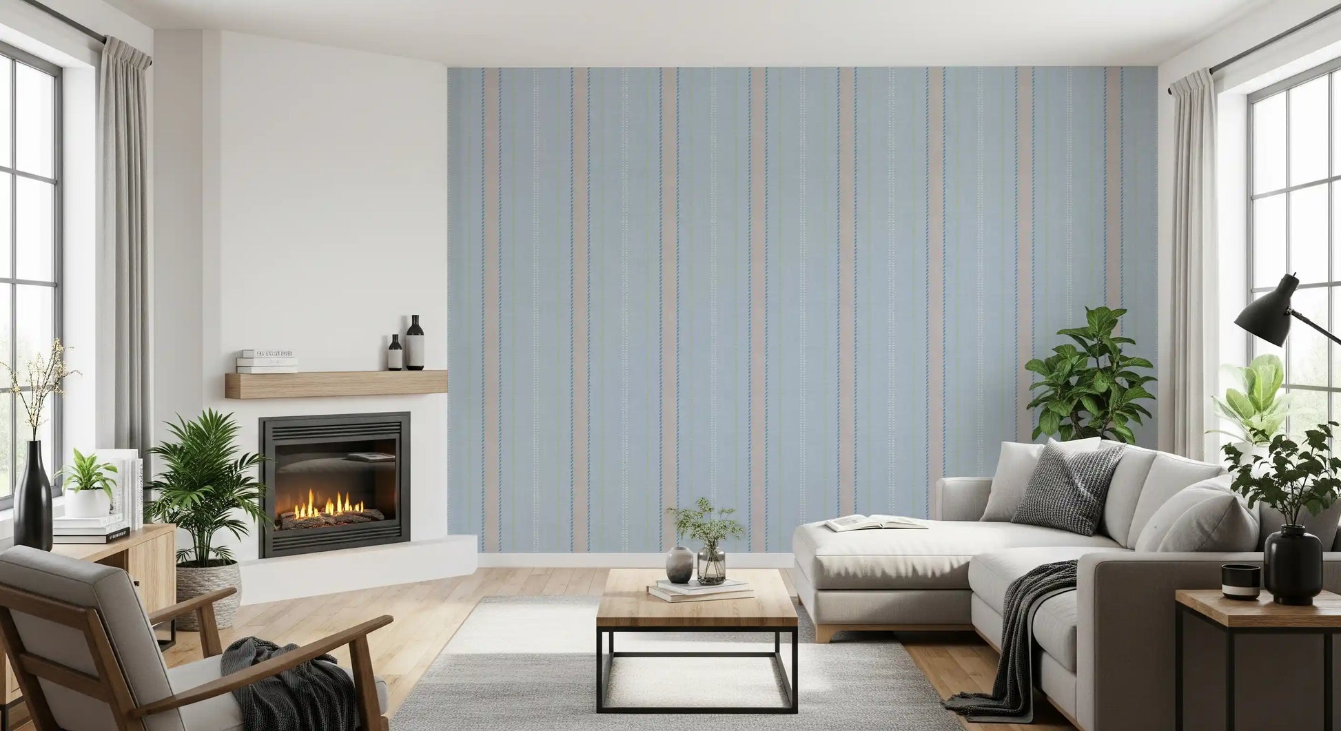 Heritager Ticking Stripes - Vintage French Blue & Blush Pink Linen Texture Wallpaper⁠
