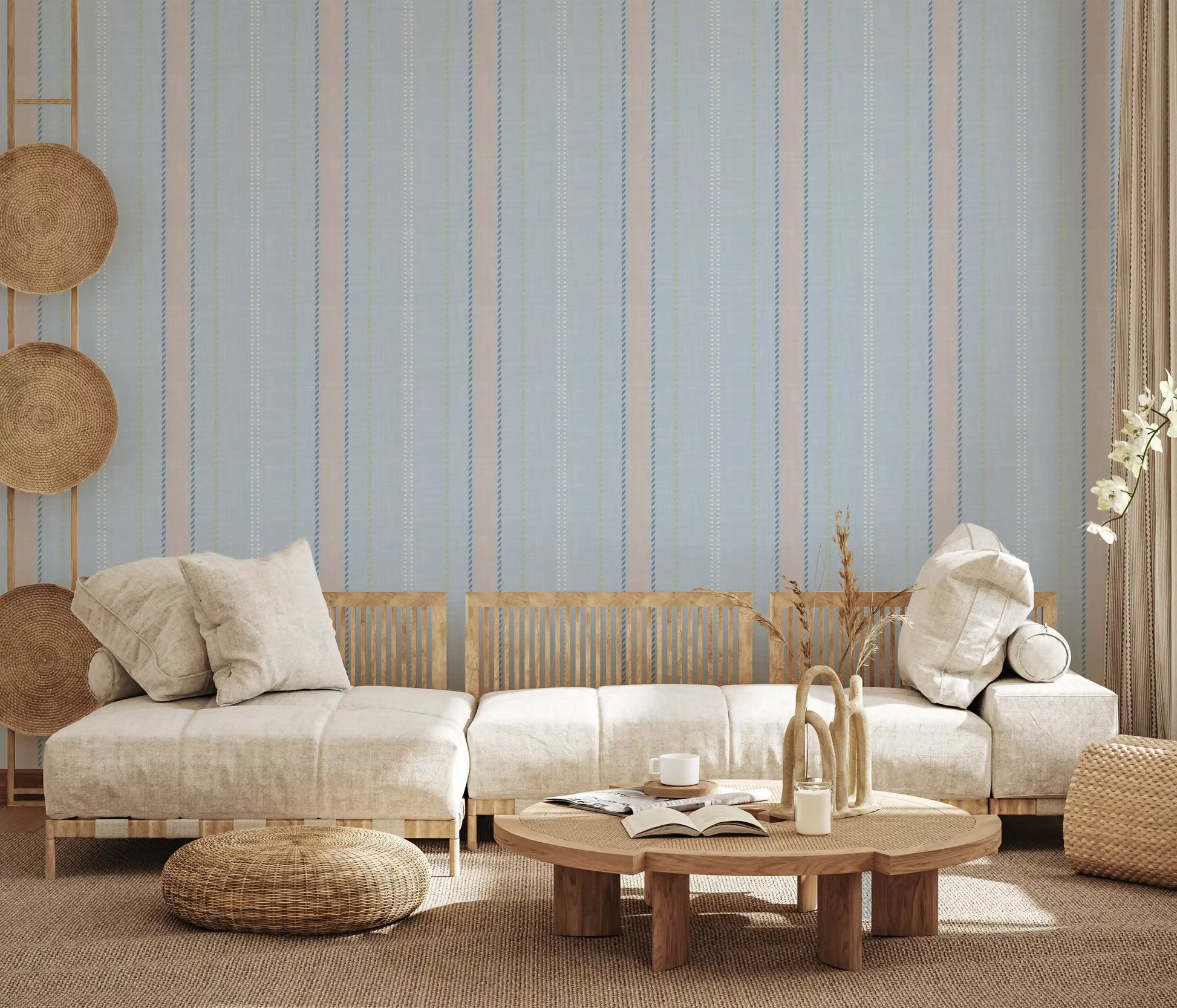 Heritager Ticking Stripes - Vintage French Blue & Blush Pink Linen Texture Wallpaper⁠