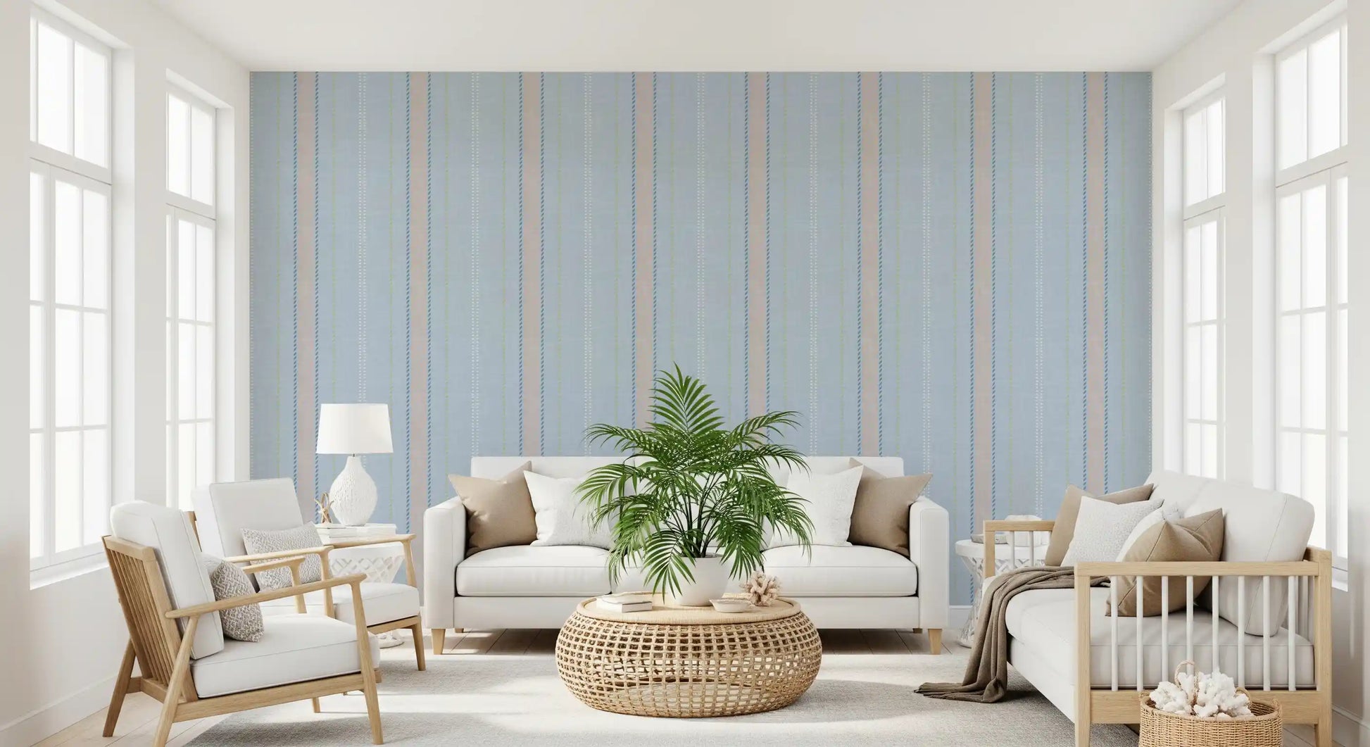 Heritager Ticking Stripes - Vintage French Blue & Blush Pink Linen Texture Wallpaper⁠