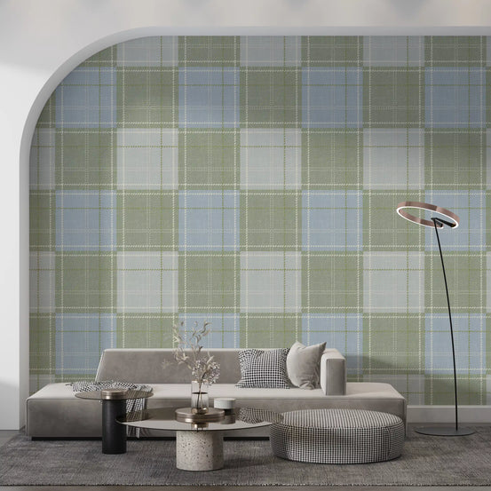 Green and blue plaid wallpaper in a modern living room with a grey sofa GD12758