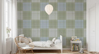 Heritage Plaid - Tartan Checkerboard Block Linen - Meadow Green & Blue Wallpaper⁠