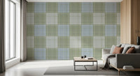 Heritage Plaid - Tartan Checkerboard Block Linen - Meadow Green & Blue Wallpaper⁠
