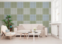 Heritage Plaid - Tartan Checkerboard Block Linen - Meadow Green & Blue Wallpaper⁠