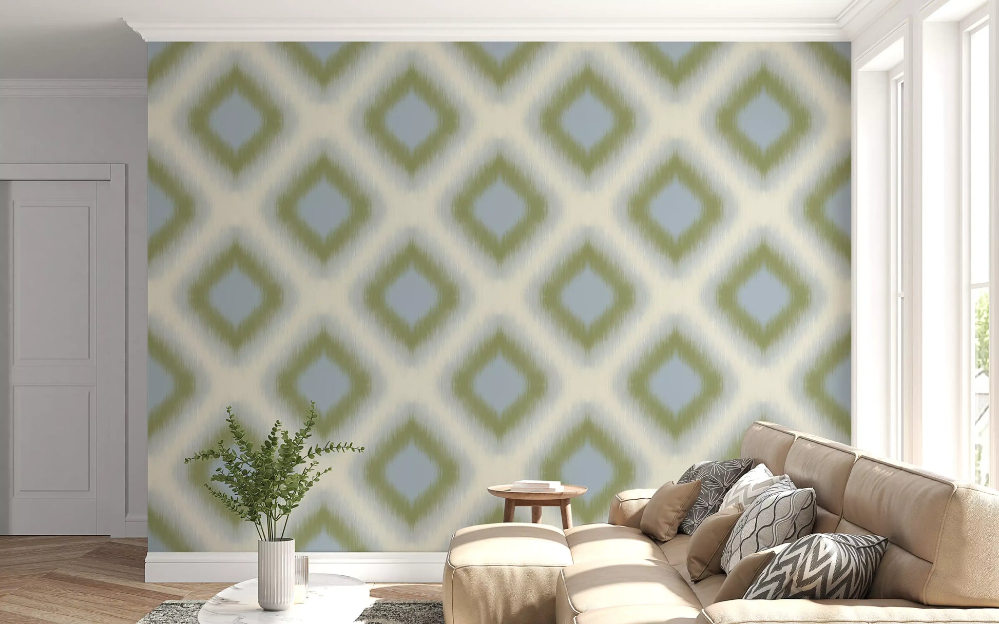 Heritage Ikat - Sage Green and French Blue Grandmillennial Diamonds Wallpaper⁠