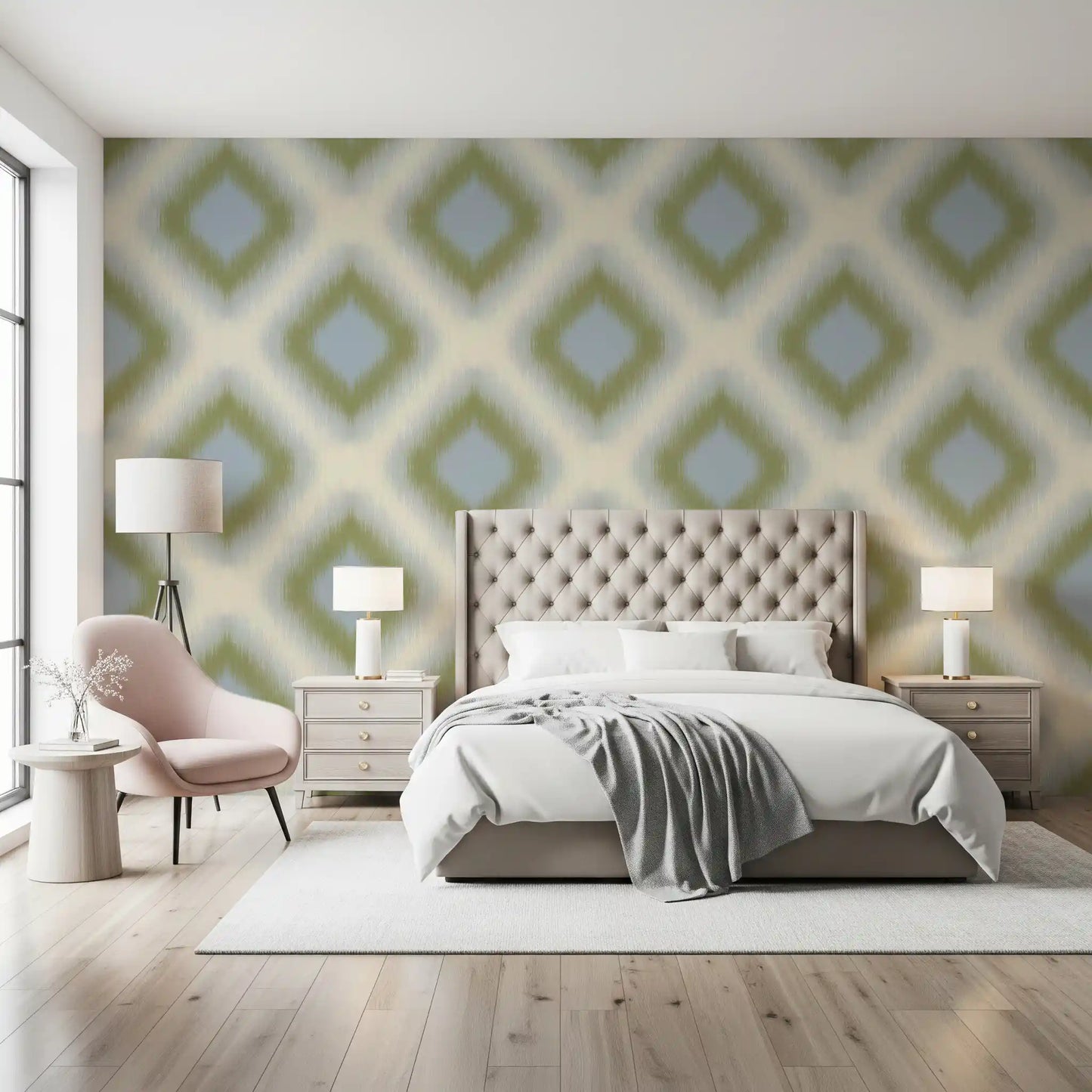 Heritage Ikat - Sage Green and French Blue Grandmillennial Diamonds Wallpaper⁠
