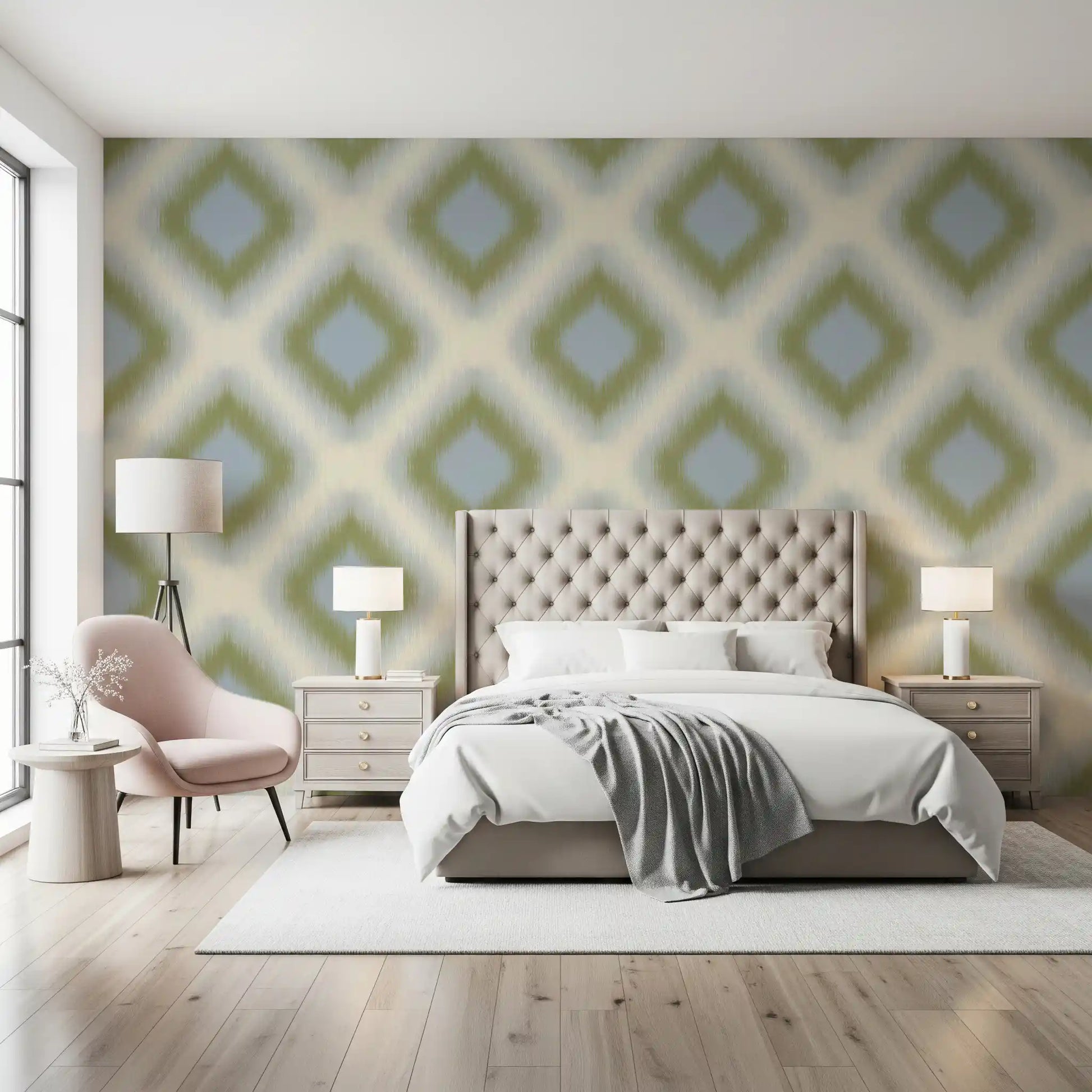 Heritage Ikat - Sage Green and French Blue Grandmillennial Diamonds Wallpaper⁠
