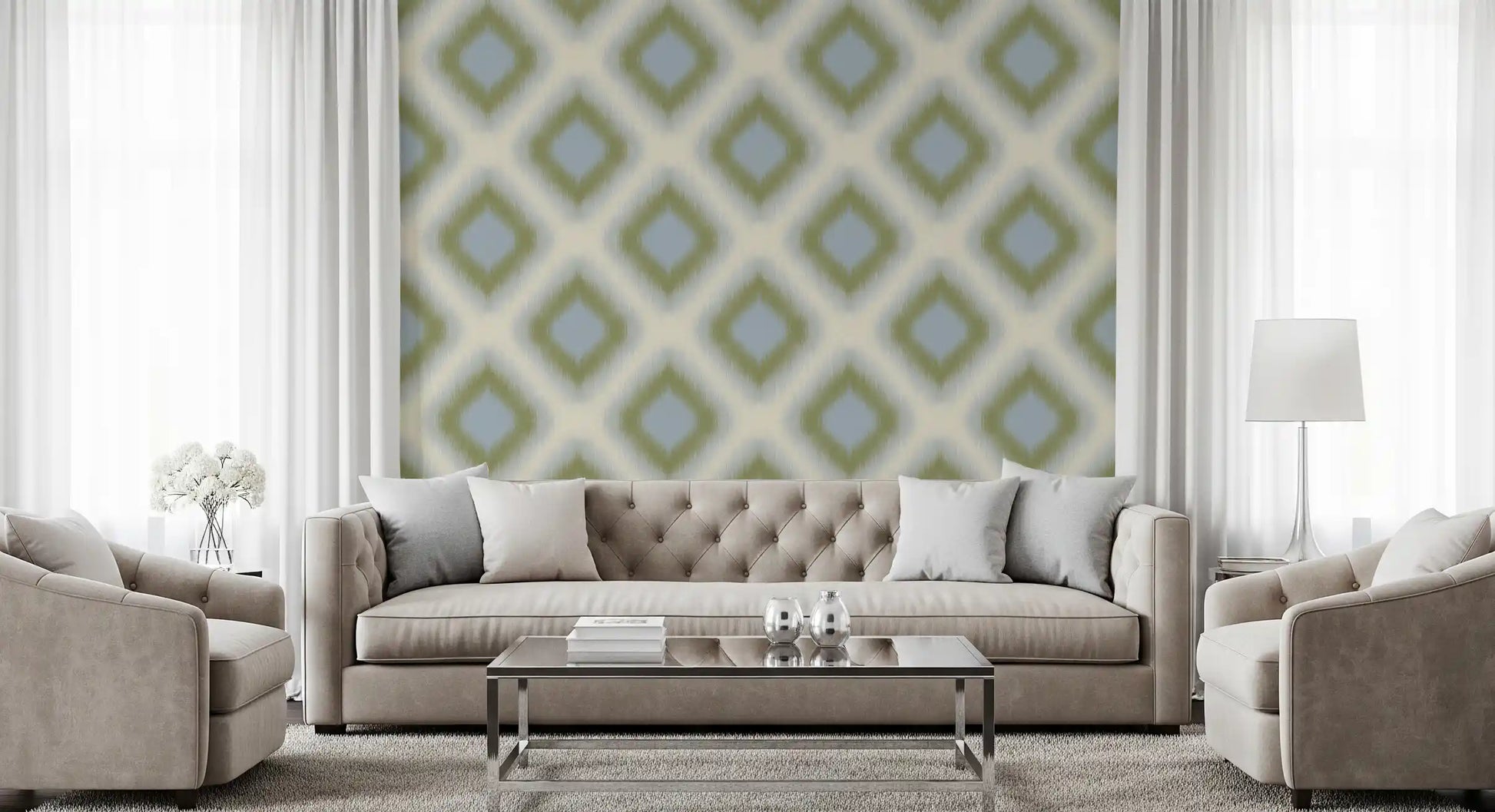 Heritage Ikat - Sage Green and French Blue Grandmillennial Diamonds Wallpaper⁠