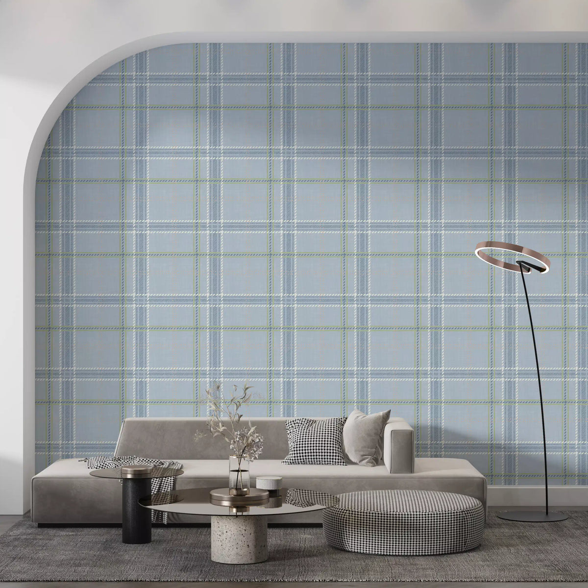 Soft blue plaid wallpaper in a stylish living room with an arch GD12760
