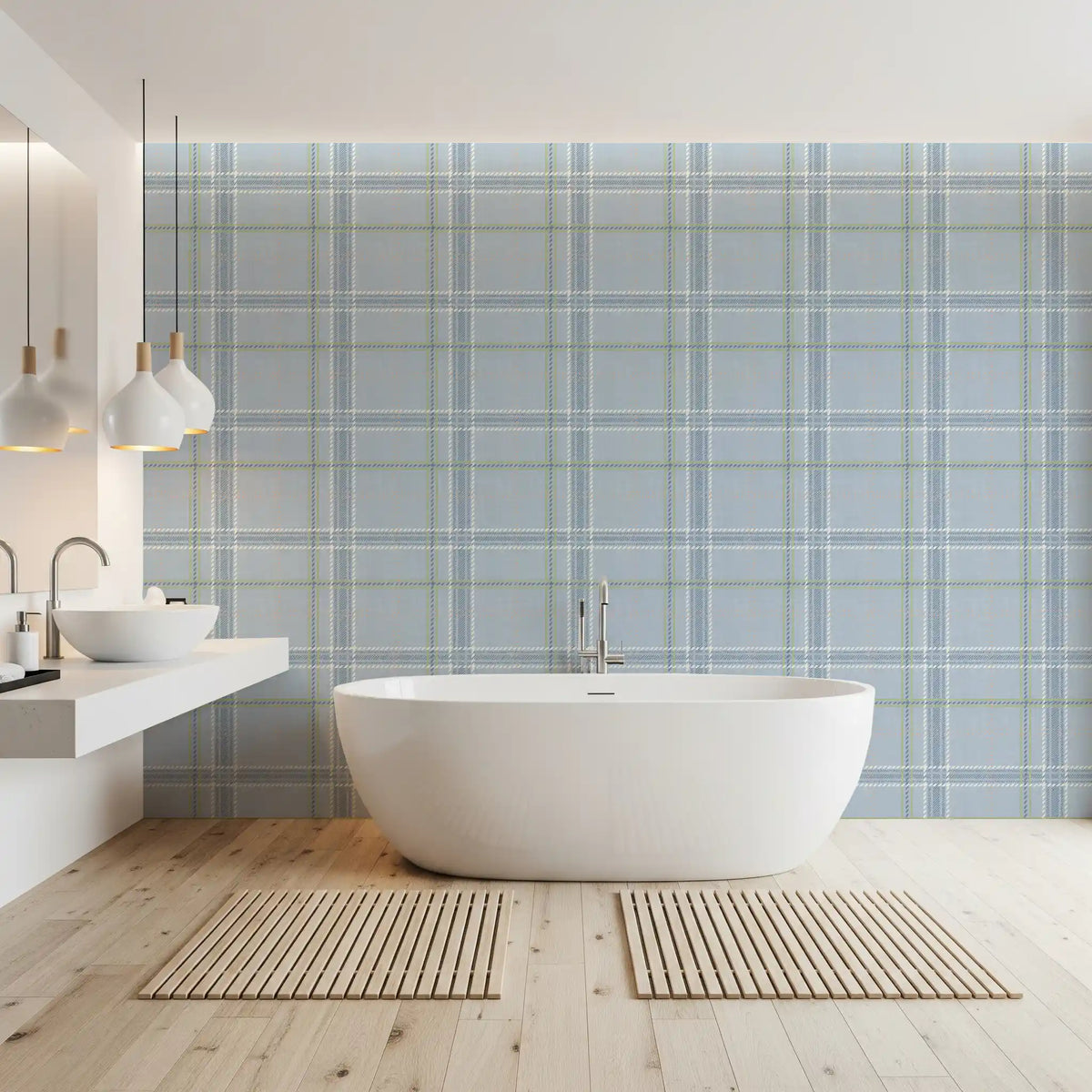 Blue windowpane check wallpaper in a bright bathroom with a freestanding tub GD12760
