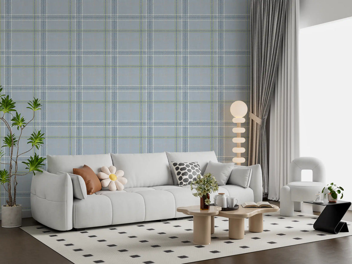 Blue plaid check wallpaper in a modern living room GD12760