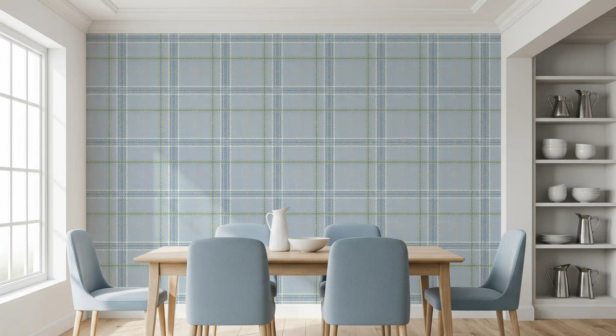 Soft blue plaid wallpaper in a bright dining room with blue chairs GD12760
