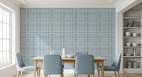 Soft blue plaid wallpaper in a bright dining room with blue chairs GD12760
