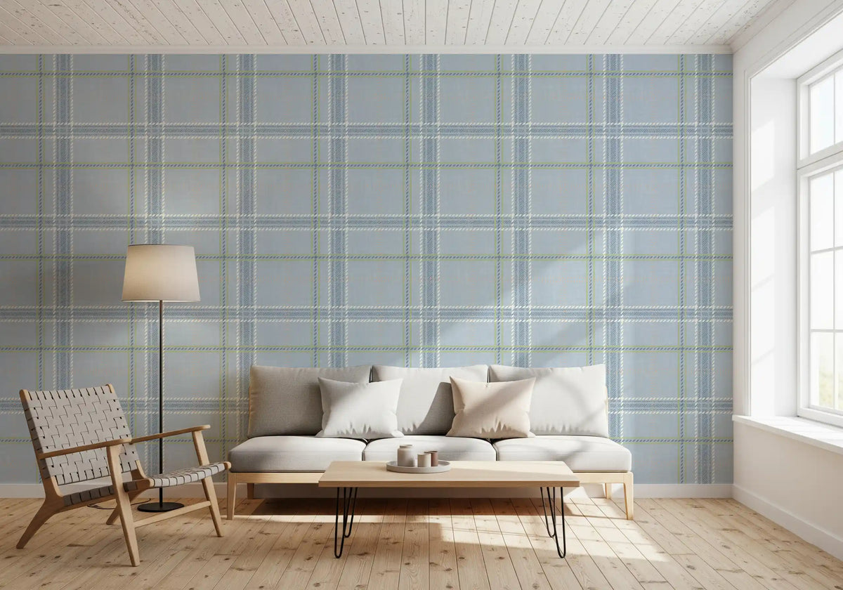 Soft blue plaid wallpaper in a cosy living room GD12760