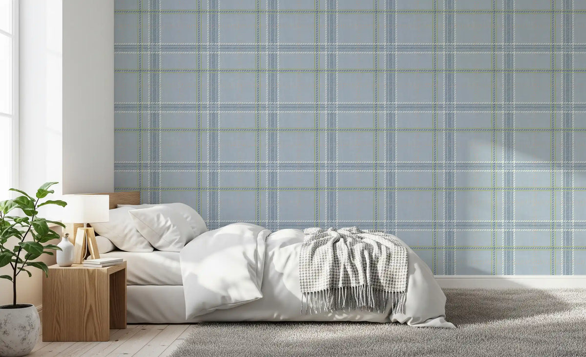 Blue plaid check wallpaper in a calm bedroom with soft bedding GD12760