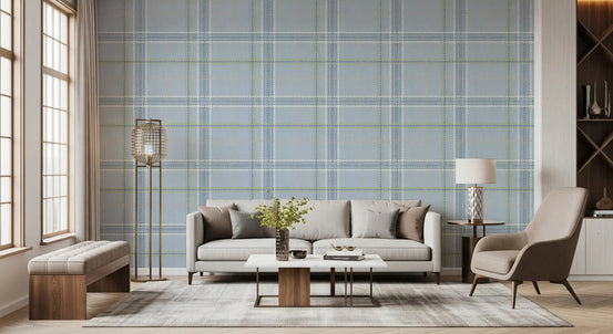 Blue windowpane check wallpaper in a bright living room with a white sofa GD12760