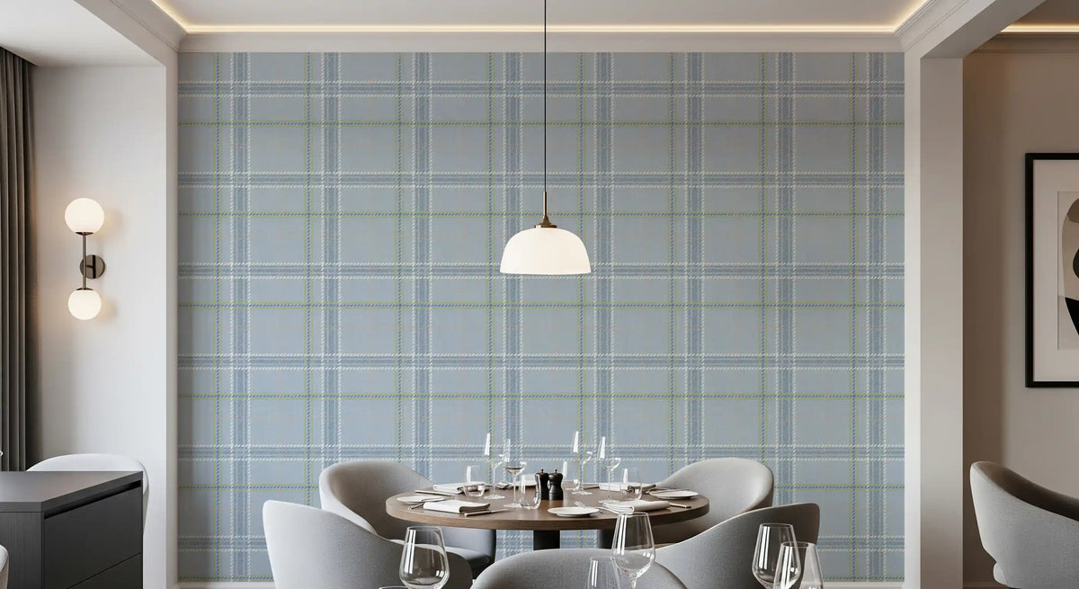 Blue windowpane check wallpaper in an elegant dining room GD12760