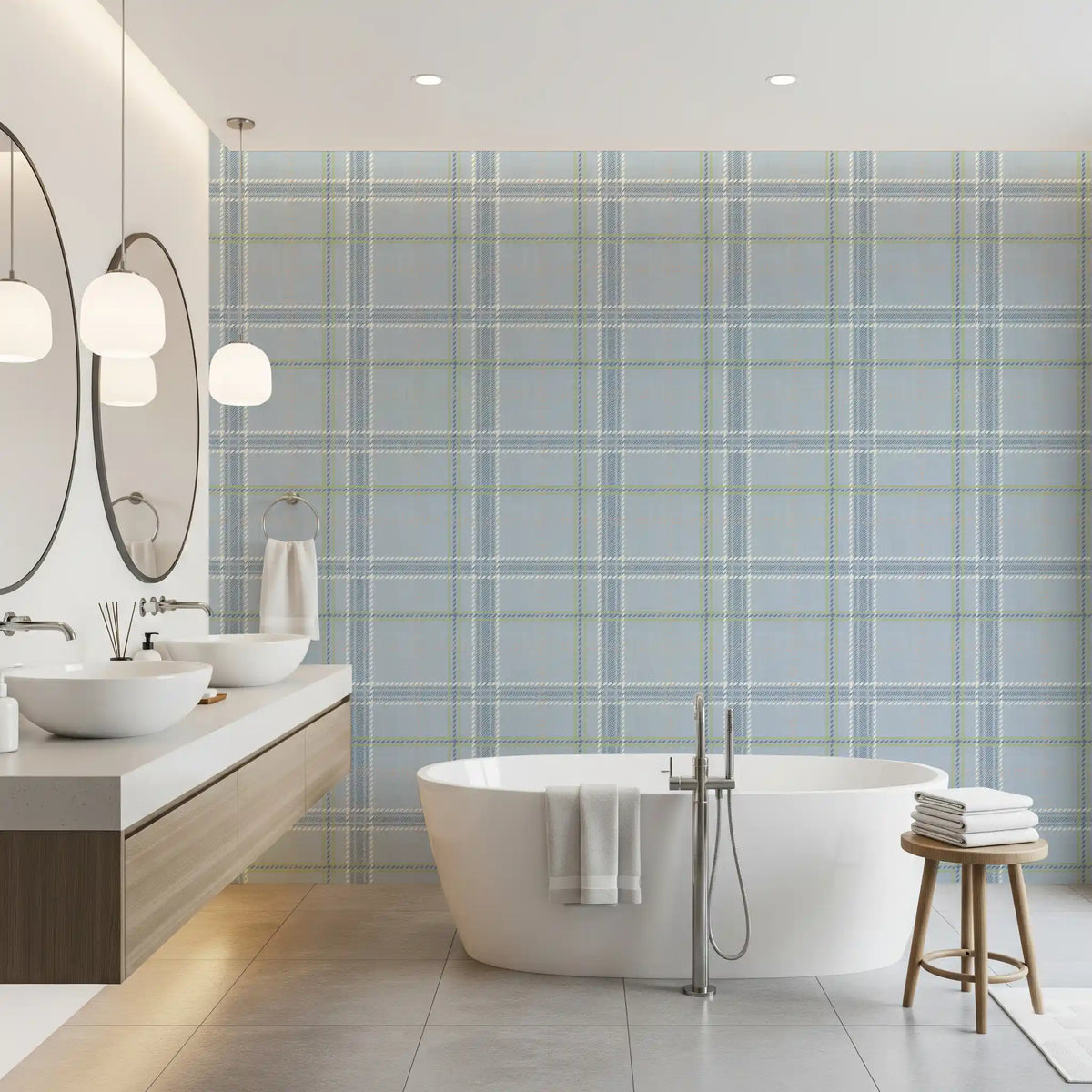 Blue windowpane check wallpaper in a modern bathroom with a round mirror GD12760