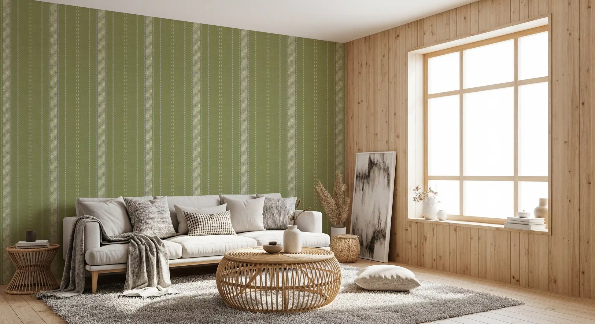 Heritage Ticking Stripes - Vintage Meadow Green & Chalk Linen Texture Wallpaper⁠