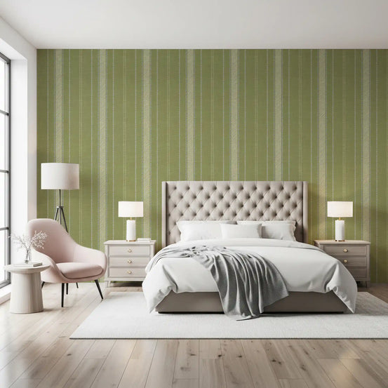 Green ticking stripe wallpaper in a calm bedroom with a tufted bed GD12761