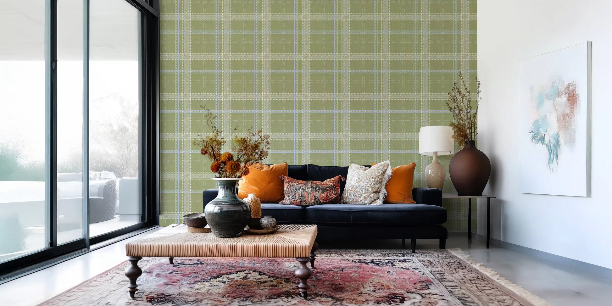 Heritage Plaid - Windowpane Tartan Check Linen - Meadow Green & Chalk Wallpaper⁠